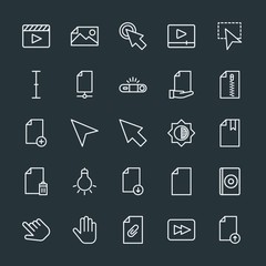 Modern Simple Set of video, photos, cursors, files Vector outline Icons. Contains such Icons as  sign,  compact,  information,  folder, text and more on dark background. Fully Editable. Pixel Perfect.