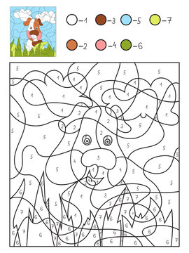 Vector illustration. Coloring by numbers, education game for children. Lovely pet dog.