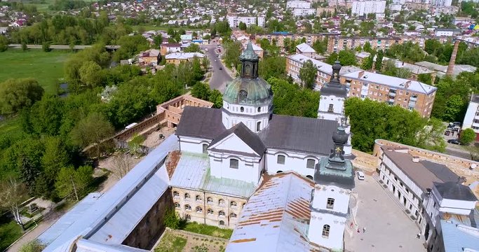 Aerial view of Monastery of the bare Carmelites in Berdichev, Ukraine. The cityscape from a bird's eye view of the city of Berdichev.
