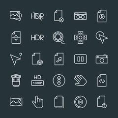 Modern Simple Set of video, photos, cursors, files Vector outline Icons. Contains such Icons as  system,  disk, business,  panoramic,  arrow and more on dark background. Fully Editable. Pixel Perfect.