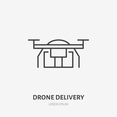 Drone flat line icon. Air package delivery sign. Thin linear logo for cargo shipping, freight services.