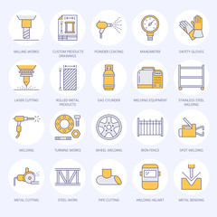 Welding services flat line icons. Rolled metal products, steelwork, stainless steel laser cutting, fabrication, turning works, safety equipment, powder coating. Industry thin sign for welder services.