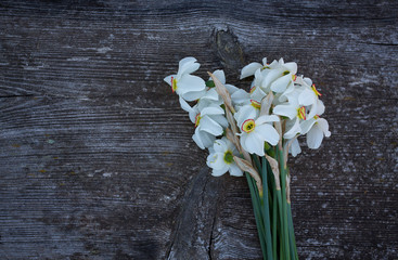 white daffodil flowers on old wood table background