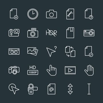Modern Simple Set of video, photos, cursors, files Vector outline Icons. Contains such Icons as hand,  confidential,  video,  entertainment and more on dark background. Fully Editable. Pixel Perfect.