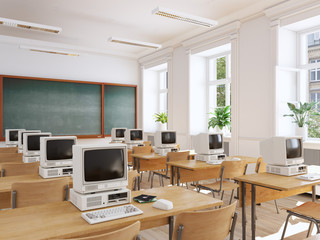 klassenzimmer mit veralterten computern 