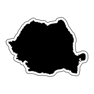 Black silhouette of the country Romania with the contour line or frame. Effect of stickers, tag and label. Vector illustration