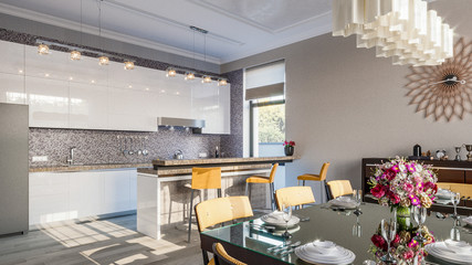 Kitchen dining room modern. 3d Illustration