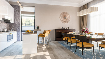 Kitchen dining room modern. 3d Illustration