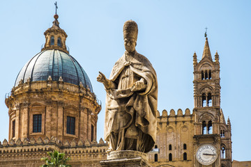 Famous cathedral church of Santa Rosalia and statues of San Gregorio Magno in Palermo, Sicily island in Italy.