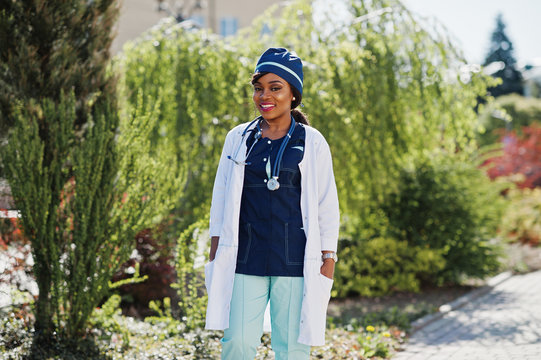African american doctor female with stethoscope posed outdoor.
