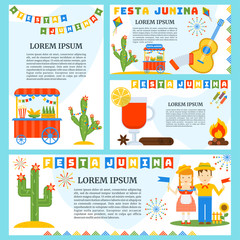 Festa junina banners set. Flat vector cartoon illustration. Objects isolated on a white background.