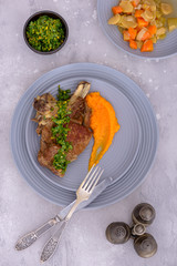 Beef meat and potato with glamorata and vegetables