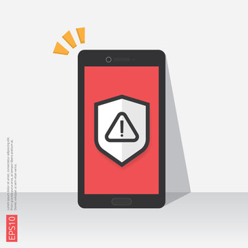 mobile phone with attention warning alert sign with exclamation mark symbol on screen. shield line icon for Internet VPN Security protection Concept vector illustration.