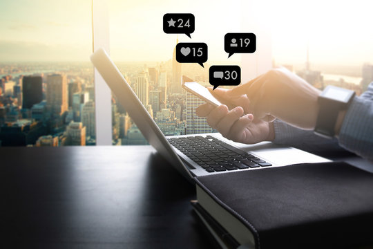 Contact us  sms media man use  smart phone social media network pop notification icons