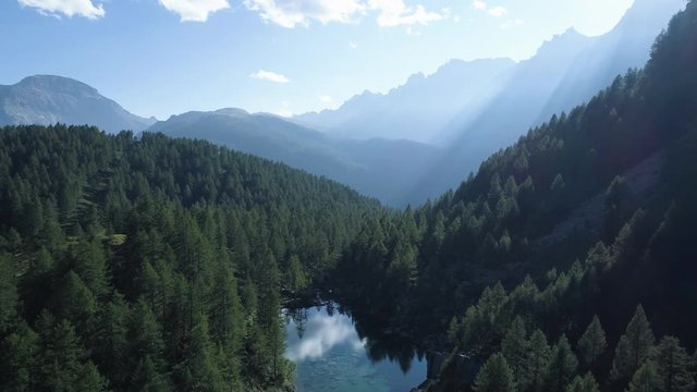 moving forward to pine woods forest lake and mountain valley with sun flare in summer day.Europe Italy Alps outdoor green nature scape mountains wild aerial establisher.4k drone establishing shot