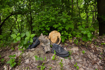 old shoes in the woods. Environmental pollution