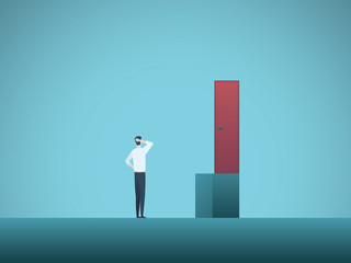 Business solution vector concept with businessman standing in front of door with no steps. Symbol of business challenge, opportunity, creativity.