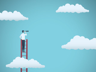 Business vision vector concept with business man standing on top of ladder above clouds. Symbol of new opportunities, career ladder, visionary, success, promotion. © jozefmicic