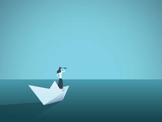 Business vision or visionary vector concept with businesswoman on paper boat with telescope. Symbol of woman leader, succes, ambition, leadership, future. © jozefmicic