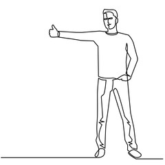 Continuous Line Drawing of Vector Hitchhiking on the road. Man with a backpack stopped a ride by thumbing. Isolated illustration of hitchhiker.