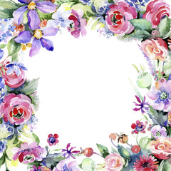 Fototapeta premium Colorful bouquet. Floral botanical flower. Frame border ornament square. Aquarelle wildflower for background, texture, wrapper pattern, frame or border.