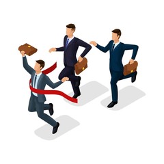 Trendy isometric people, 3d businessmen, running, competition, being first, getting a prize, young entrepreneurs with a briefcase isolated on white background