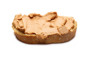 Bread slice with pate, pasty spread isolated on white background