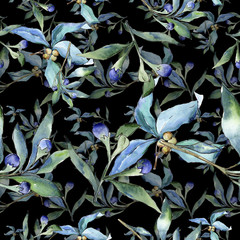 Blue elaeagnus leaves in a watercolor style. Seamless background pattern. Fabric wallpaper print texture. Aquarelle leaf for background, texture, wrapper pattern, frame or border.