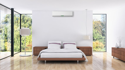 Modern bright bed room with air conditioning interiors 3D rendering illustration - obrazy, fototapety, plakaty