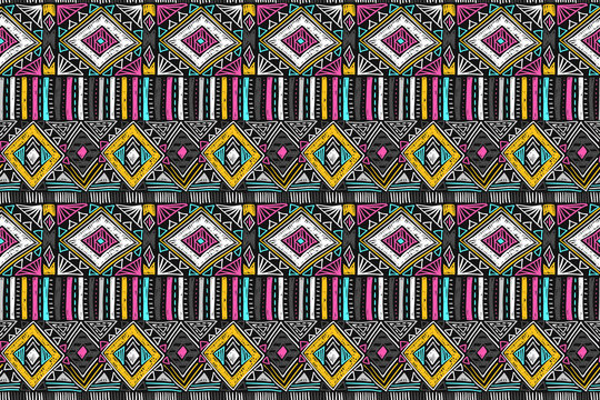 Fabric pattern. Tribal ornament. Ethnic style. Embroidery effect illustration. Mexican fabric. Brazilian textile. Vector pattern for fashion design, interior or printed products.