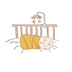 A cute newborn is sleeping in a crib. Vector cartoon illustration