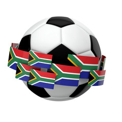 Soccer football with South Africa flag against a plain white background. 3D Rendering