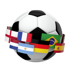 Soccer football with international flag against a plain white background. 3D Rendering