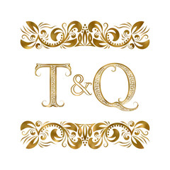 T and Q vintage initials logo symbol. The letters are surrounded by ornamental elements. Wedding or business partners monogram in royal style.