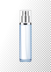 Vector empty silver and blue package for cosmetic products with pump, tube for lotion, tonic, cream. Realistic mockup of glass container with batcher isolated on white-transparent background.