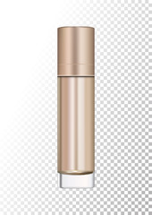 Vector empty transparent package for cosmetic products with bronze gold lid, tube for lotion, tonic, cream. Realistic mockup of glass container isolated on white-transparent background.