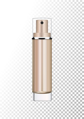 Vector empty bronze gold package for cosmetic products with pump, tube for lotion, tonic, cream. Realistic mockup of glass container with batcher isolated on white-transparent background.