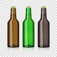 Realistic Green, brown, yellow glass beer bottles isolated on transparent background. Mock up template blank for product packing advertisement.Vector illustration