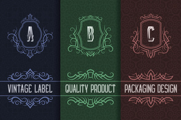 Vintage packaging design with monograms logos. Set of labels templates for quality product.