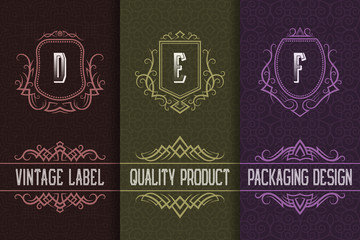 Vintage packaging design with monograms logos. Set of labels templates for quality product.