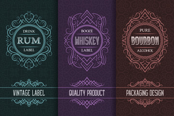 Vintage packaging design set with alcohol drink labels of rum, whiskey, bourbon.