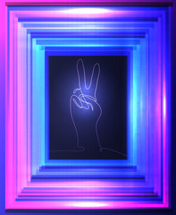 Neon illustration of gesture of hand from continuous line. The gesture of peace in neon frame. Vector element for your creativity