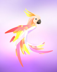 Stylized illustration of a parrot cockatoo with a multicolored tail on blurred background. Vector element for logos, icons and your design