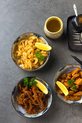 various japanese deep fried foods or karaage flat lay