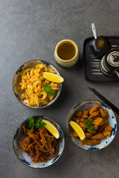 various japanese deep fried foods or karaage flat lay