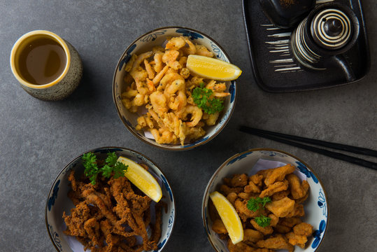 various japanese deep fried foods or karaage flat lay