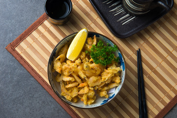 koebi karaage japanese deep fried small shrimp flat lay
