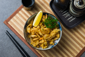 koebi karaage japanese deep fried small shrimp flat lay