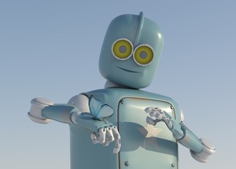 robot and butterfly on hand a blue background. retro toy and nature
