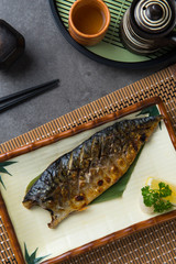 Saba fish grilled japanese food flat lay